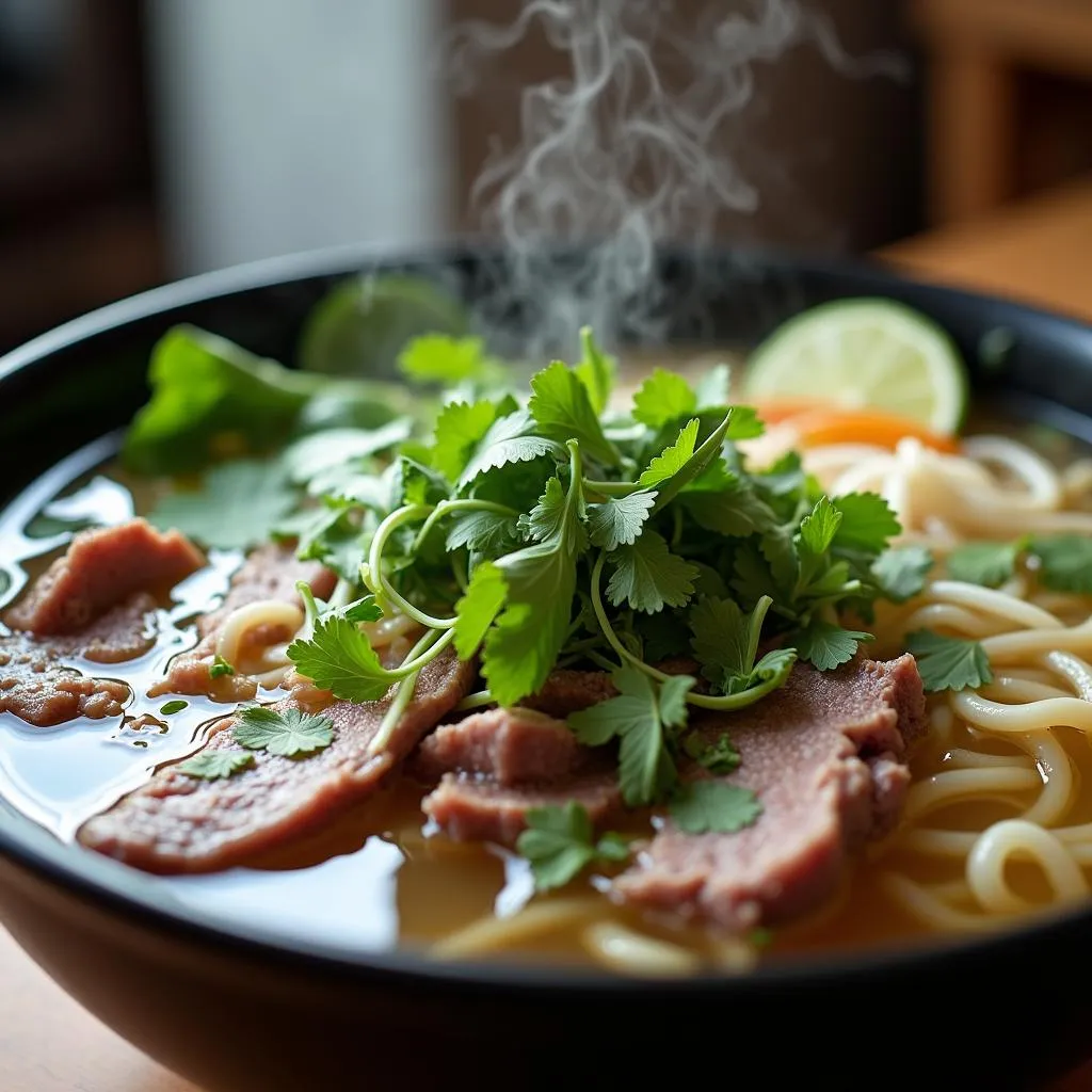 A bowl of Vietnamese Pho with garnishes