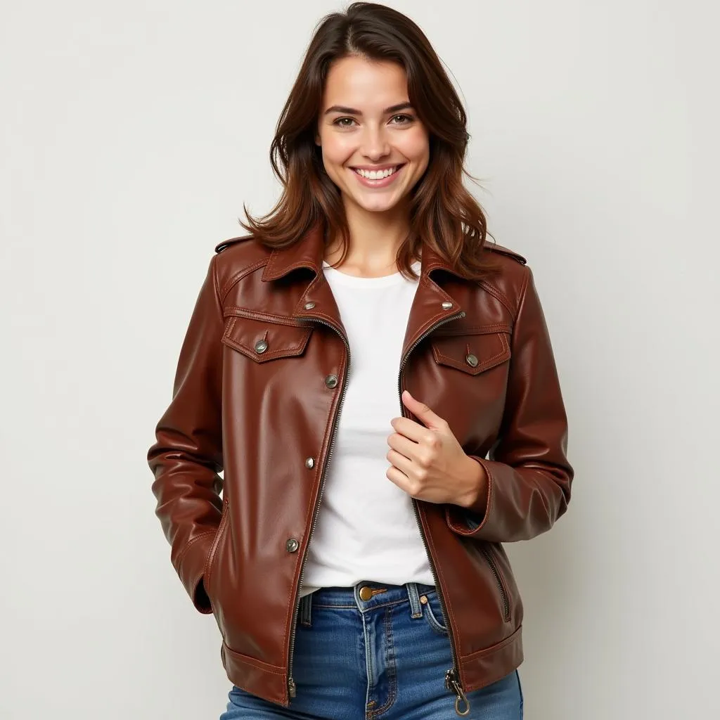 Woman wearing a vintage leather jacket