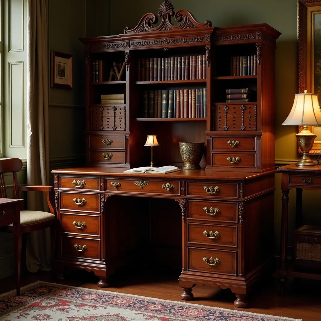 Vintage mahogany writing desk in a cozy study