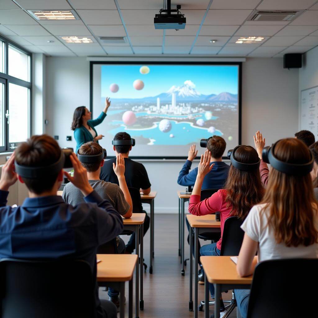 Students using VR headsets in a classroom