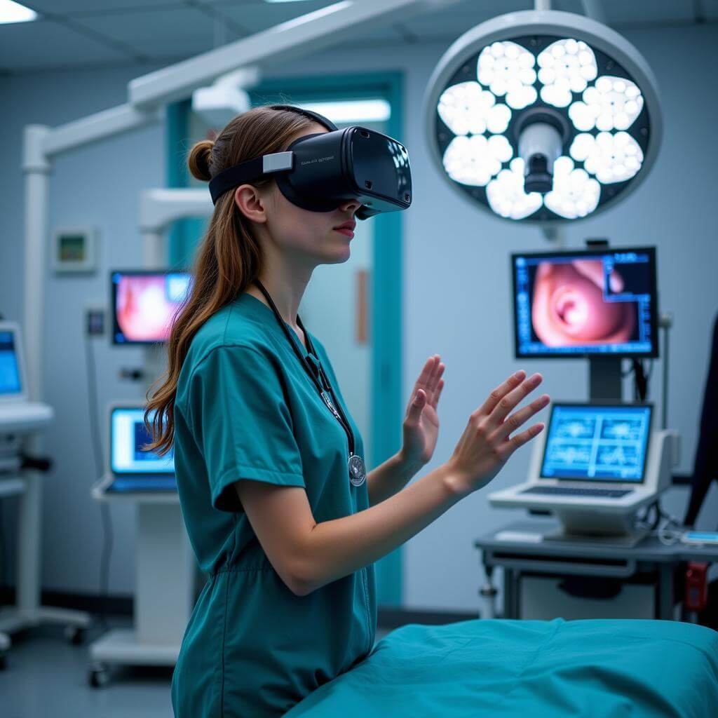 Medical student using VR headset for virtual simulation