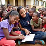 Volunteer teaching children in a remote village