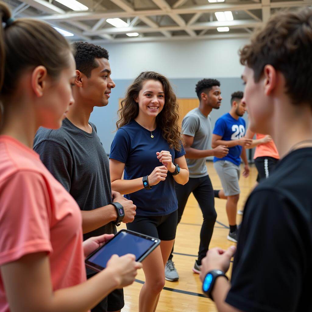 Students using wearable technology in PE class