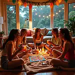 Friends enjoying an indoor picnic due to rainy weather