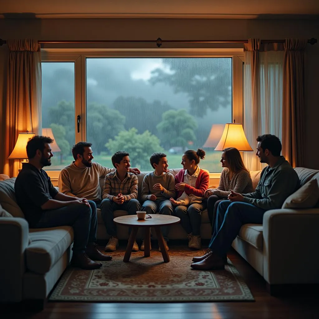 Family gathered indoors due to bad weather