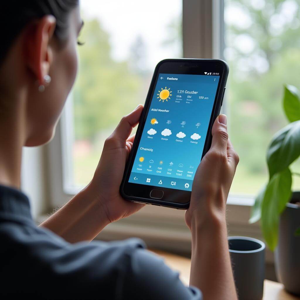 Person checking weather forecast on smartphone