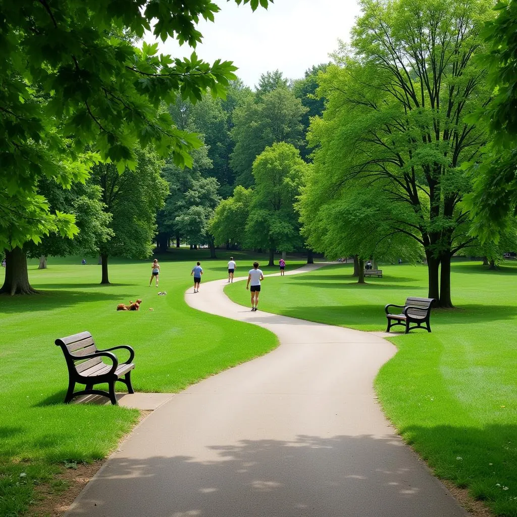 A serene park with walking trails and lush greenery