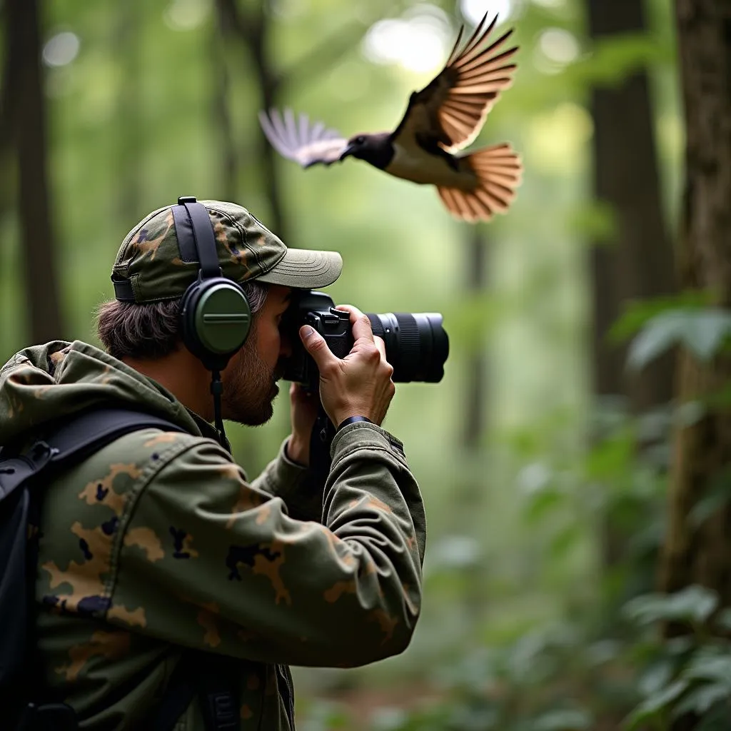 Wildlife photographer capturing a rare bird in flight