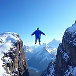 Wingsuit flyer soaring over snowy mountain peaks