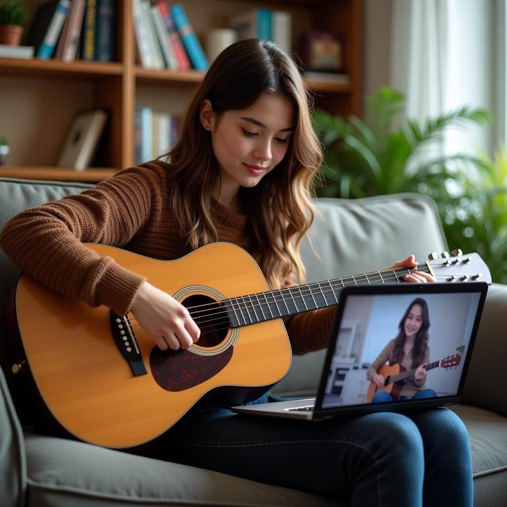 Woman learning guitar through online tutorials