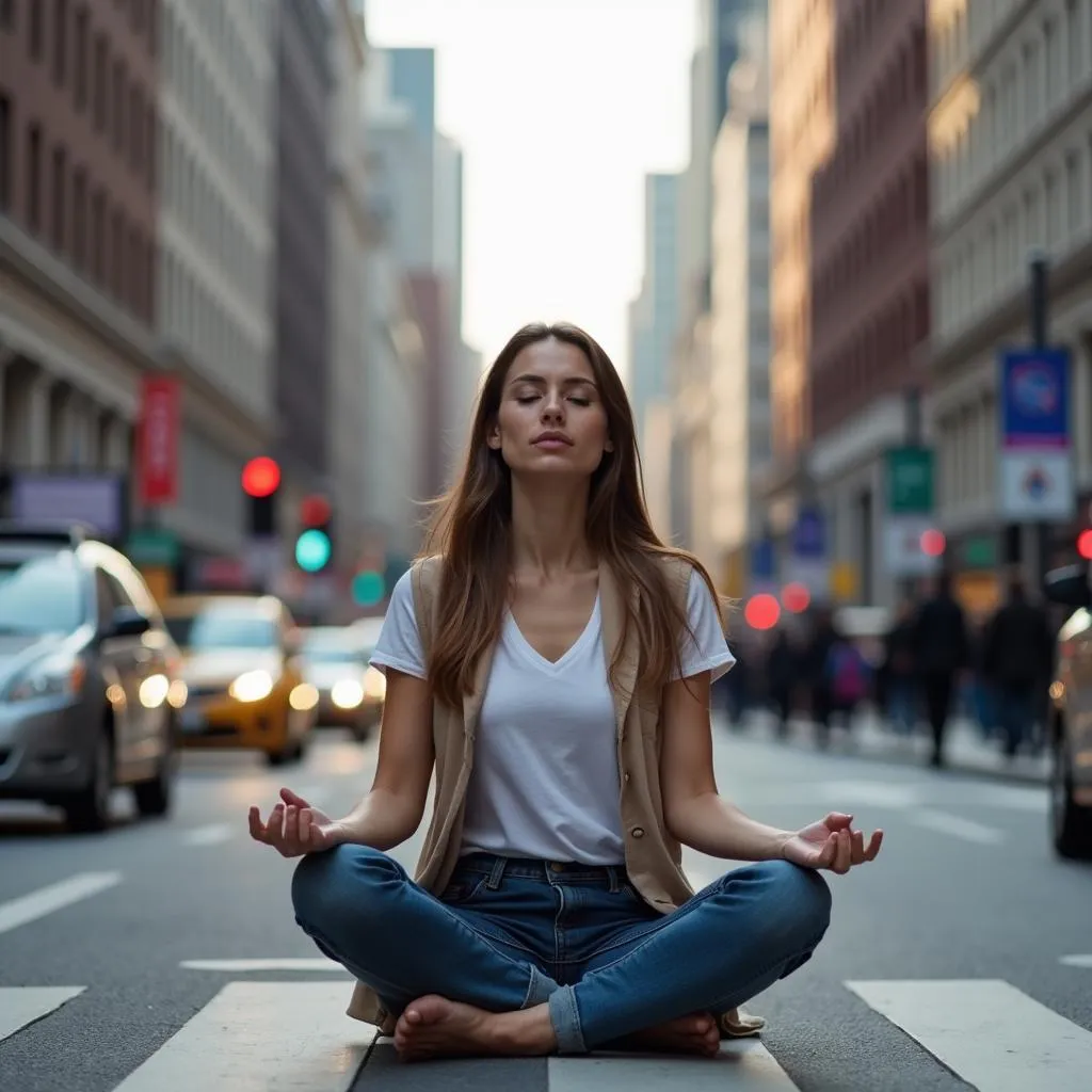 Woman meditating in a noisy environment