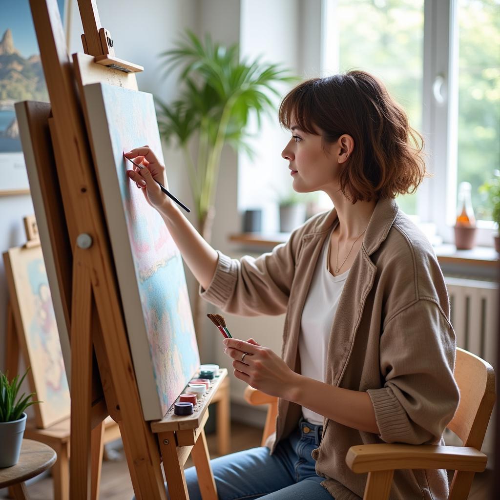 Woman Painting Alone in Her Art Studio