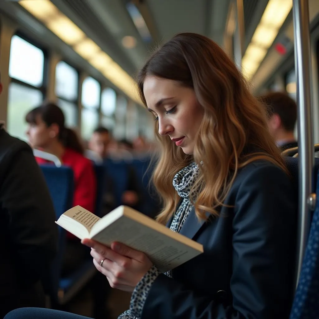 Woman reading an ebook on a train