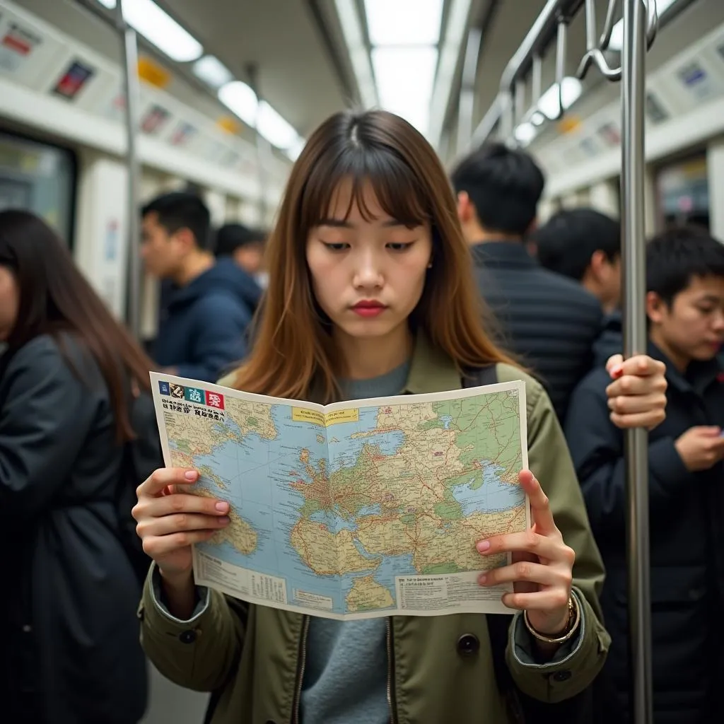 Woman navigating the Tokyo subway system