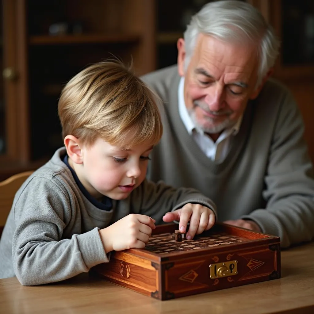 Child solving intricate wooden puzzle box