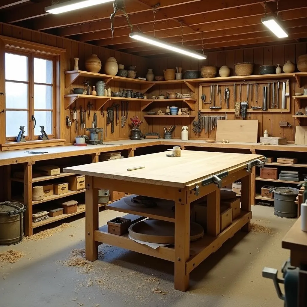 Woodworking workshop with various hand tools