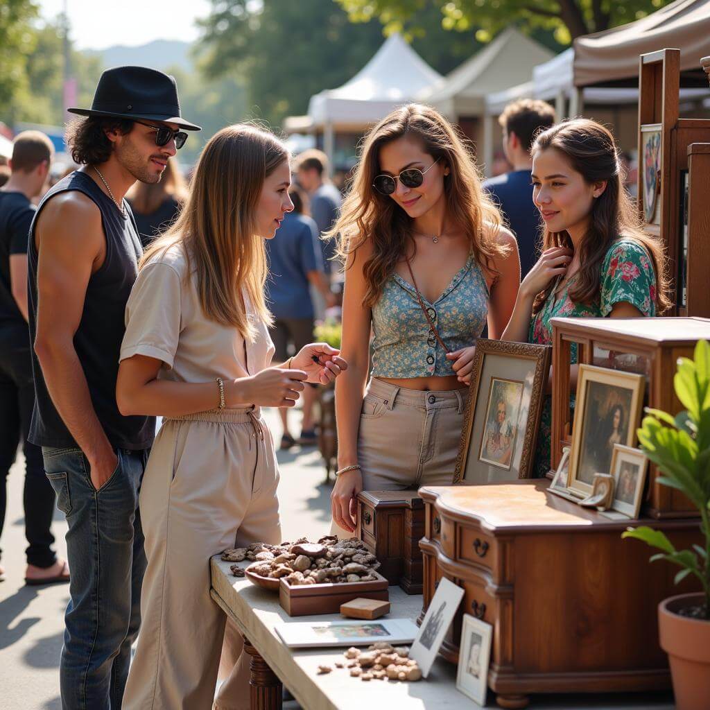 Young adults browsing antiques at a flea market