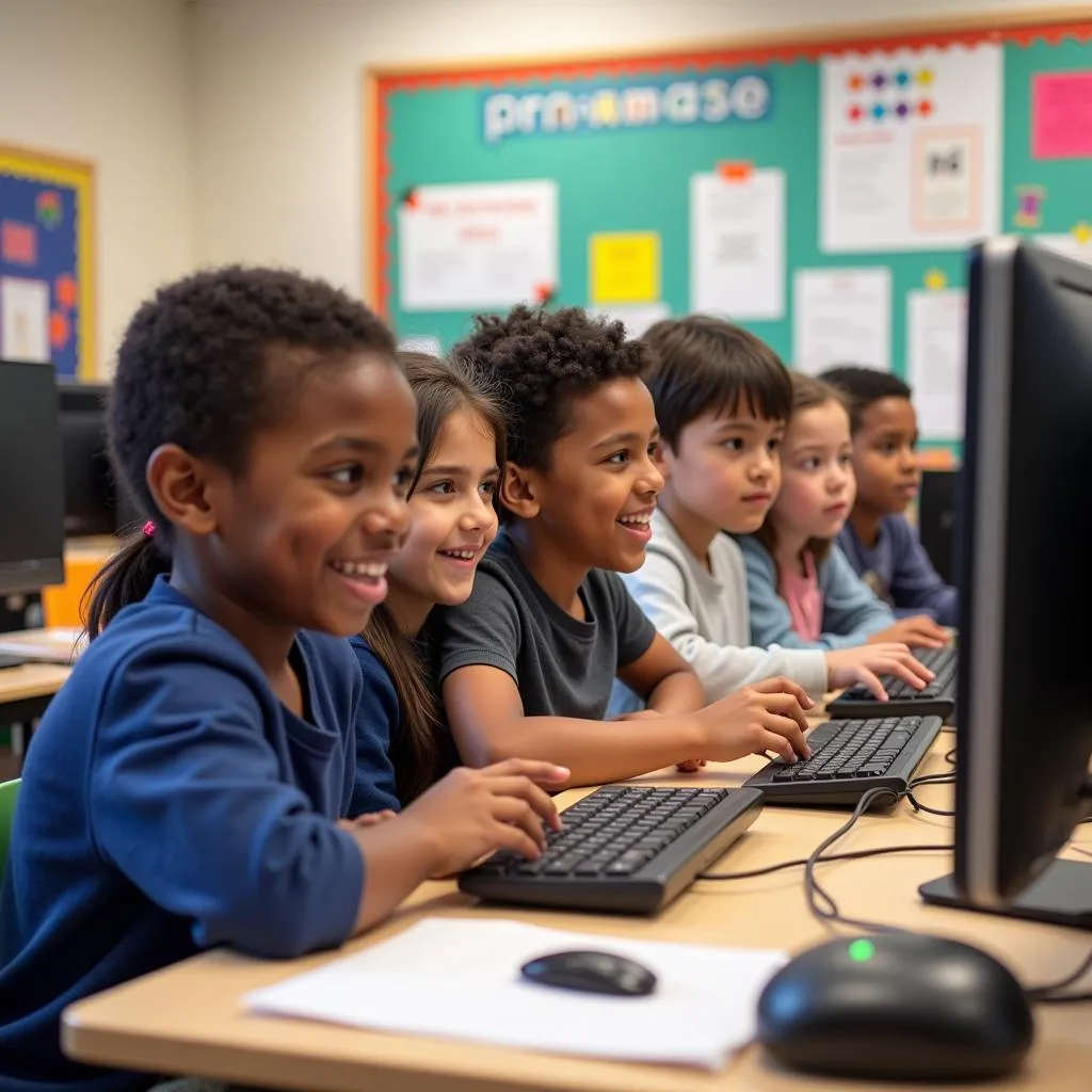 Young students learning coding in a classroom