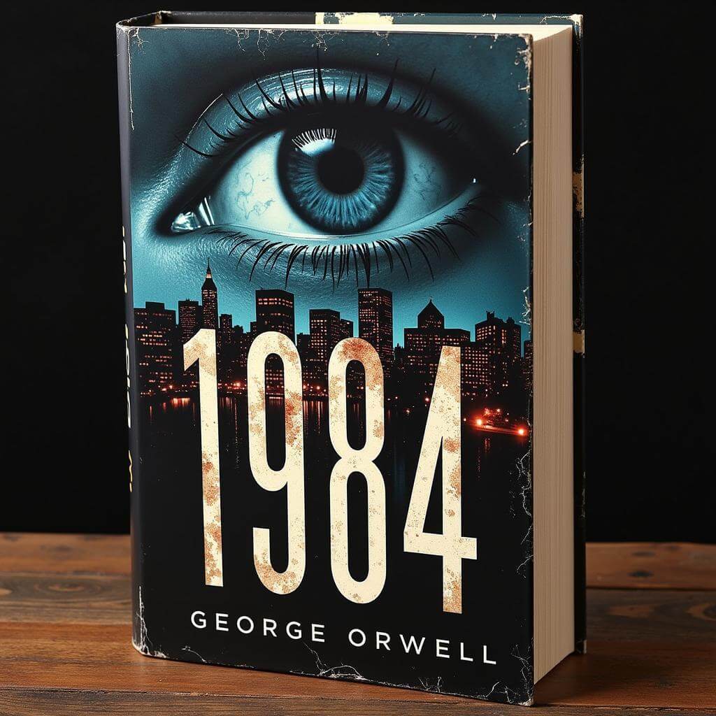 George Orwell's 1984 book cover depicting dystopian society