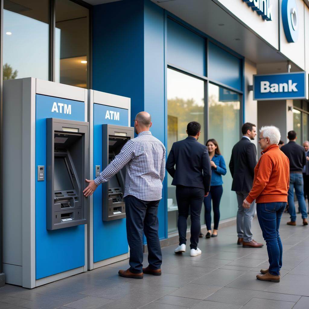 Bank customer using ATM service