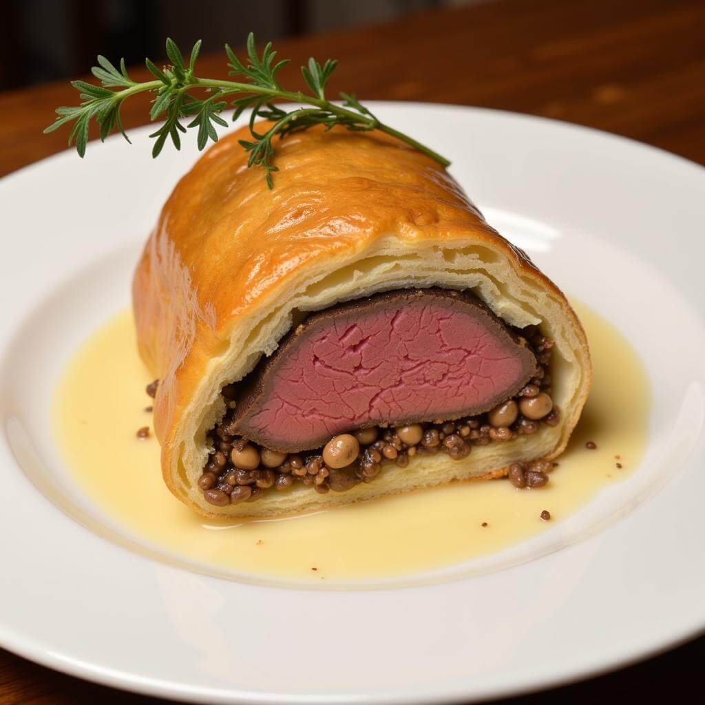 Sliced beef Wellington on an elegant plate