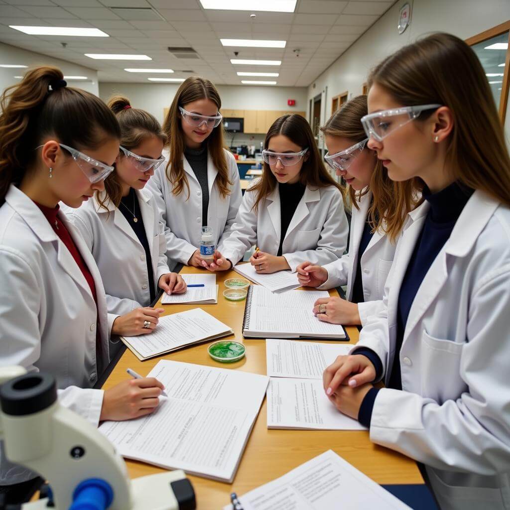 Students conducting a biology experiment in a school laboratory