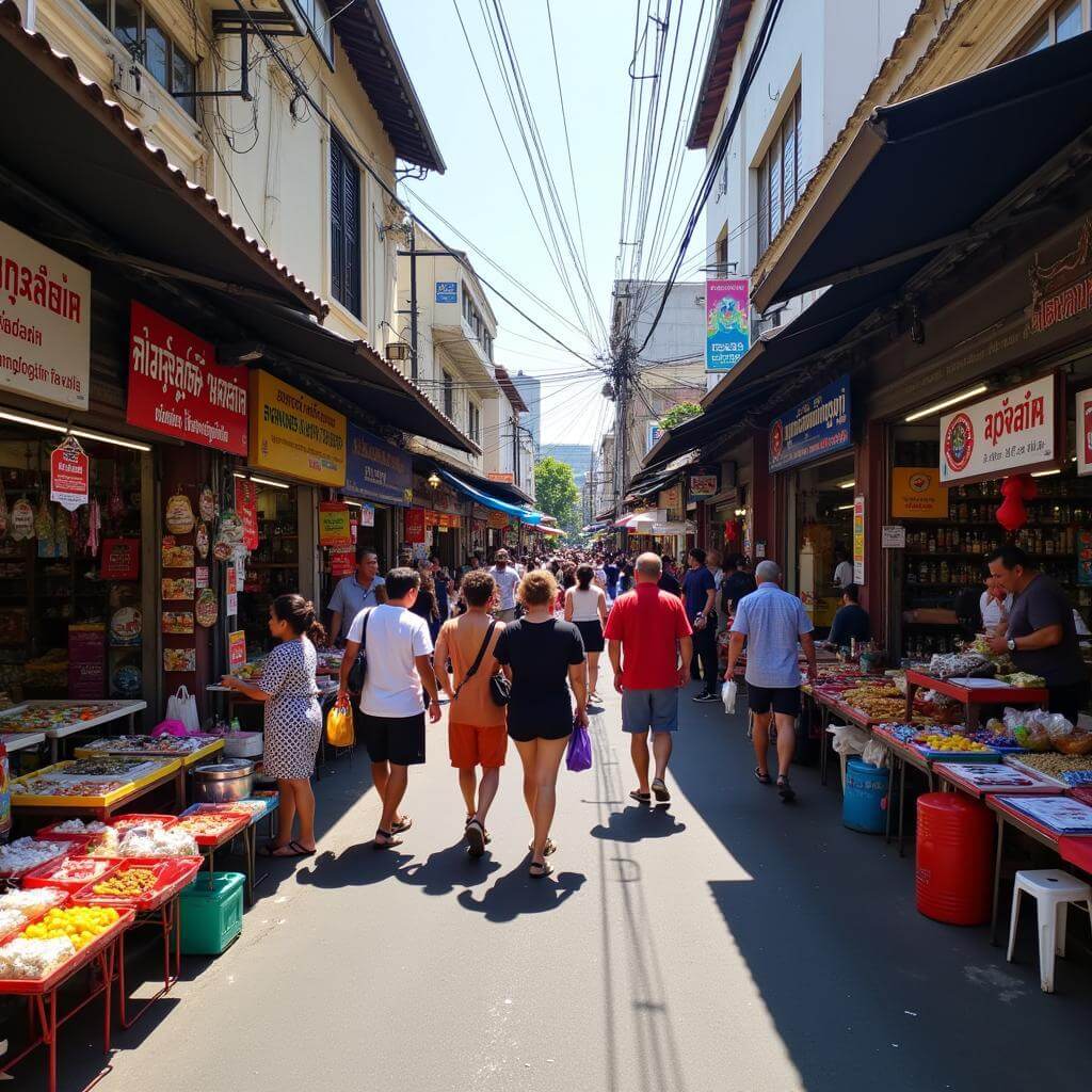 Bustling outdoor market in Bangkok, Thailand