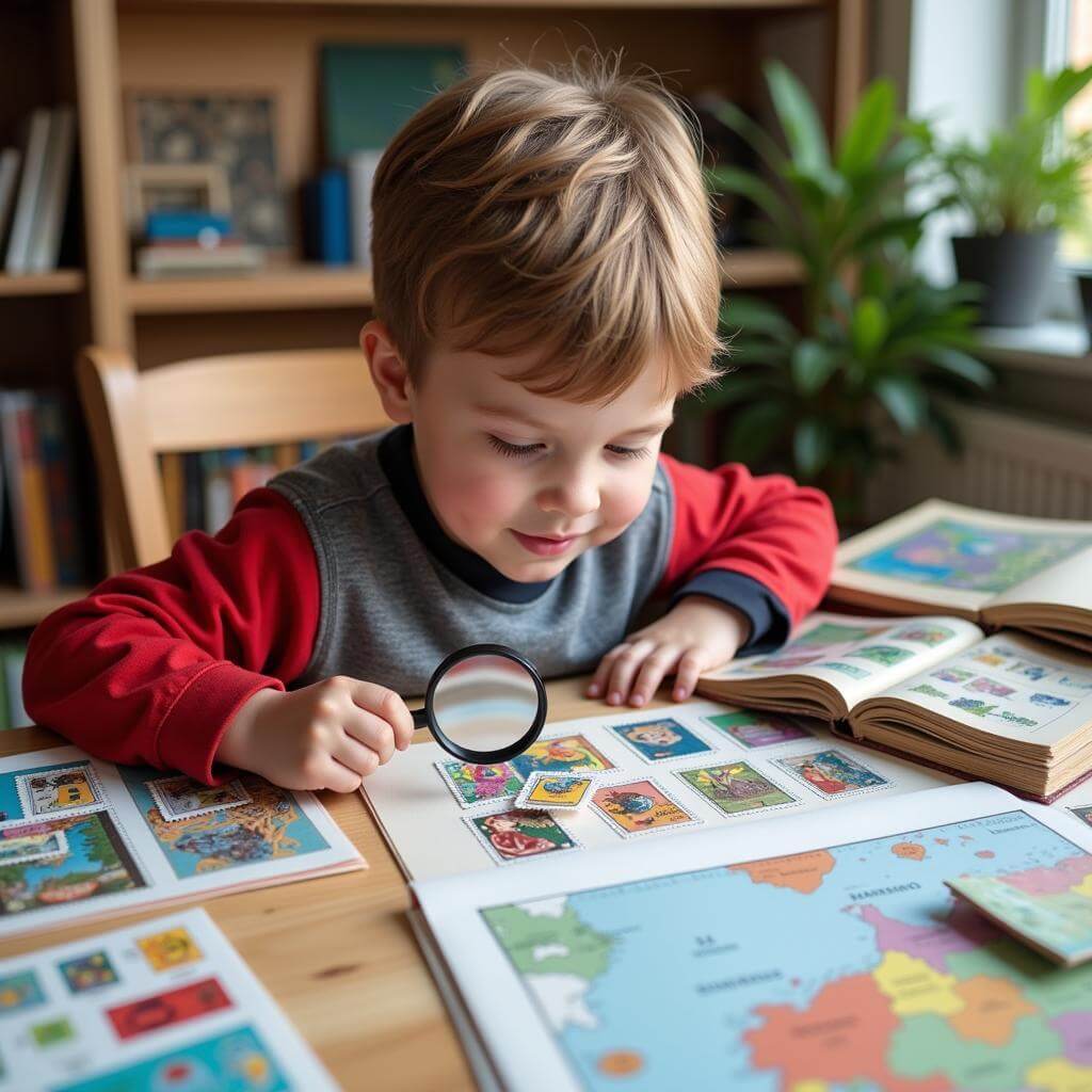 Child collecting stamps as a hobby for IELTS Speaking