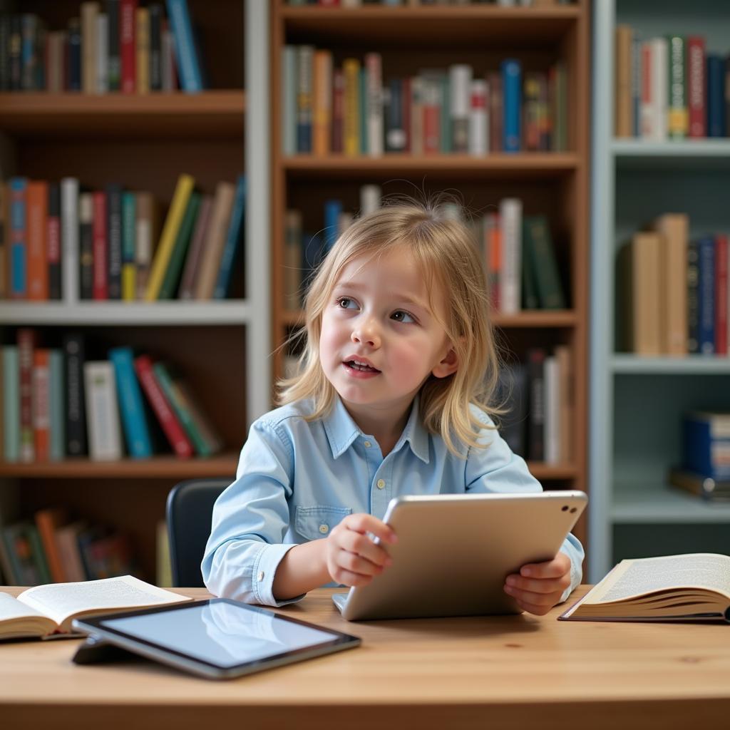 Child comparing ebook and physical book