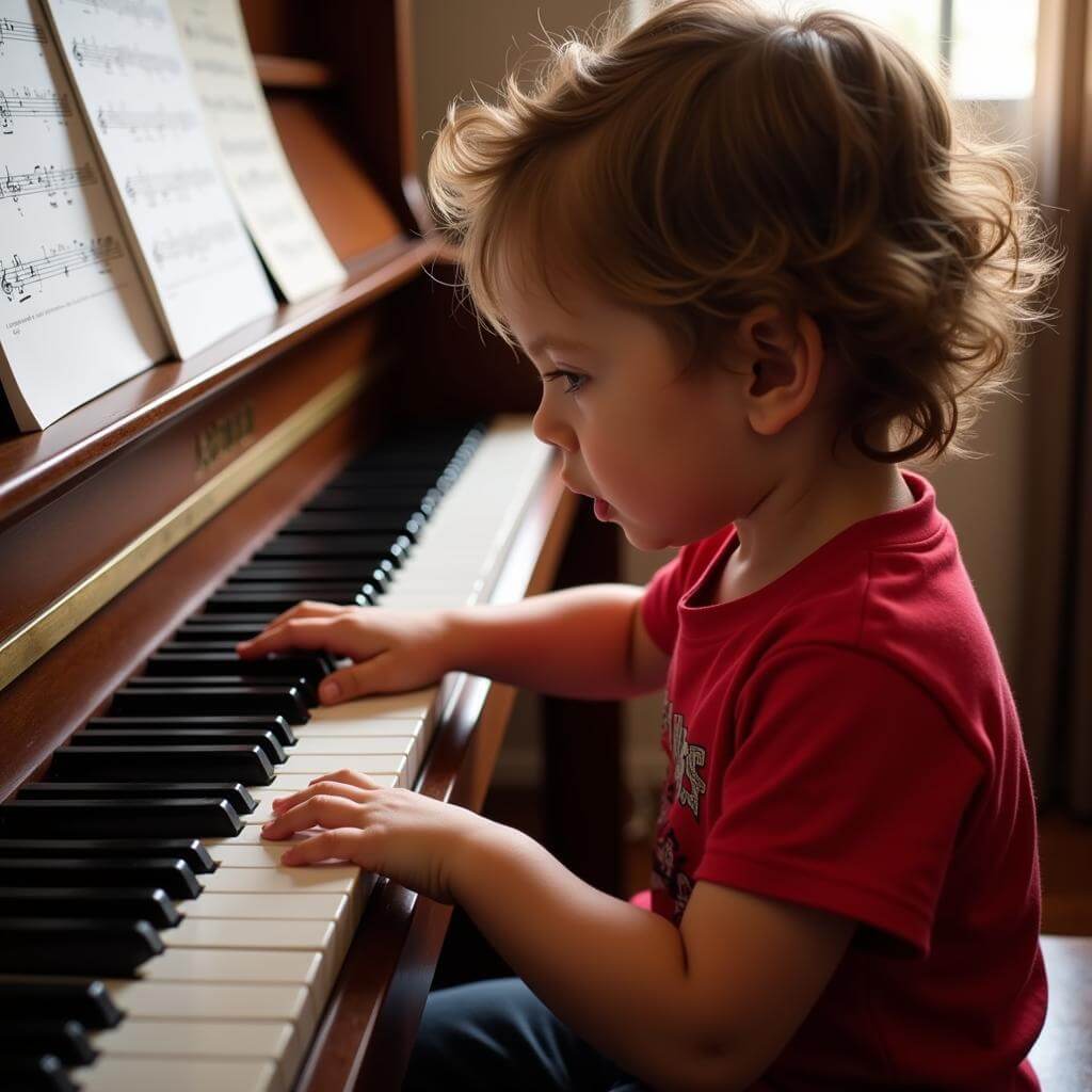 Child learning perseverance while playing piano