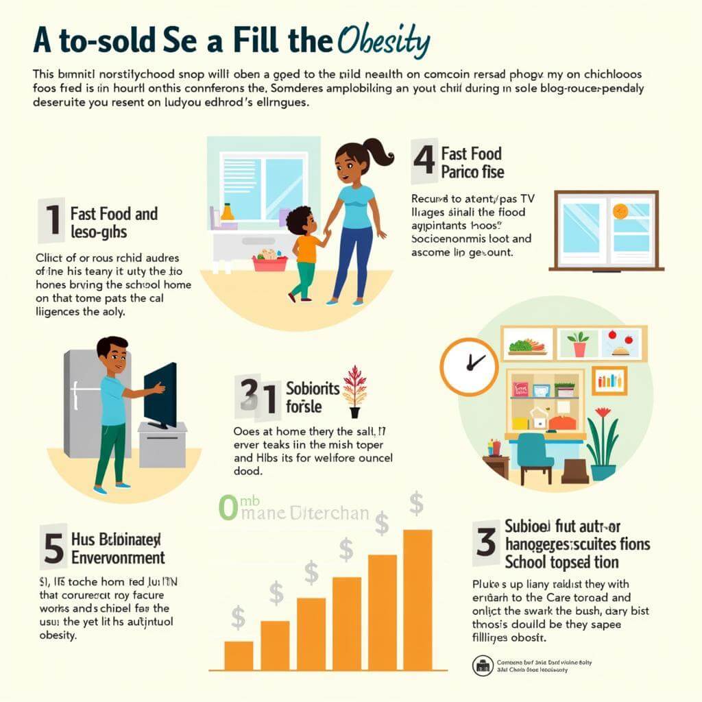 Infographic showing multiple factors contributing to childhood obesity