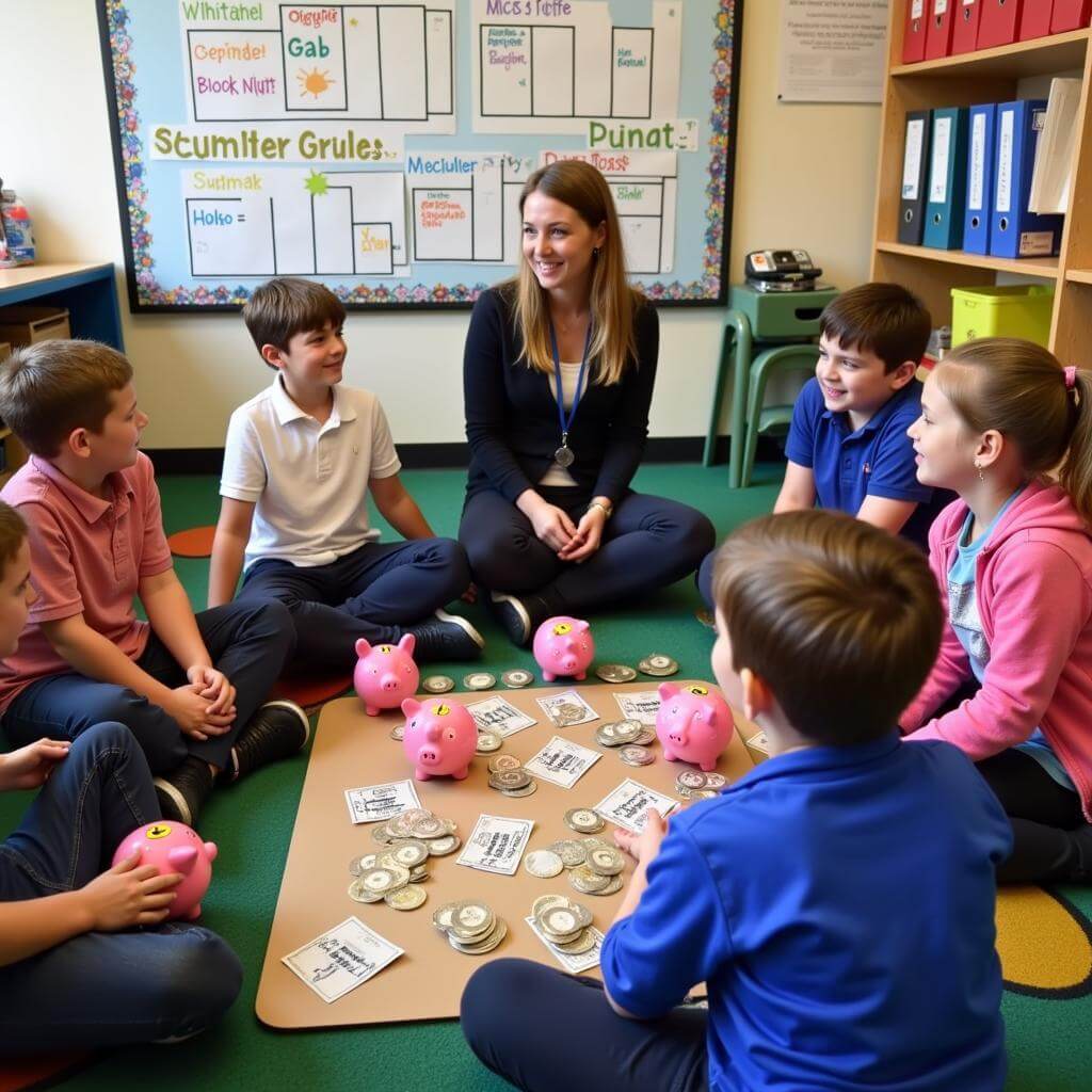 Children learning budgeting with piggy banks