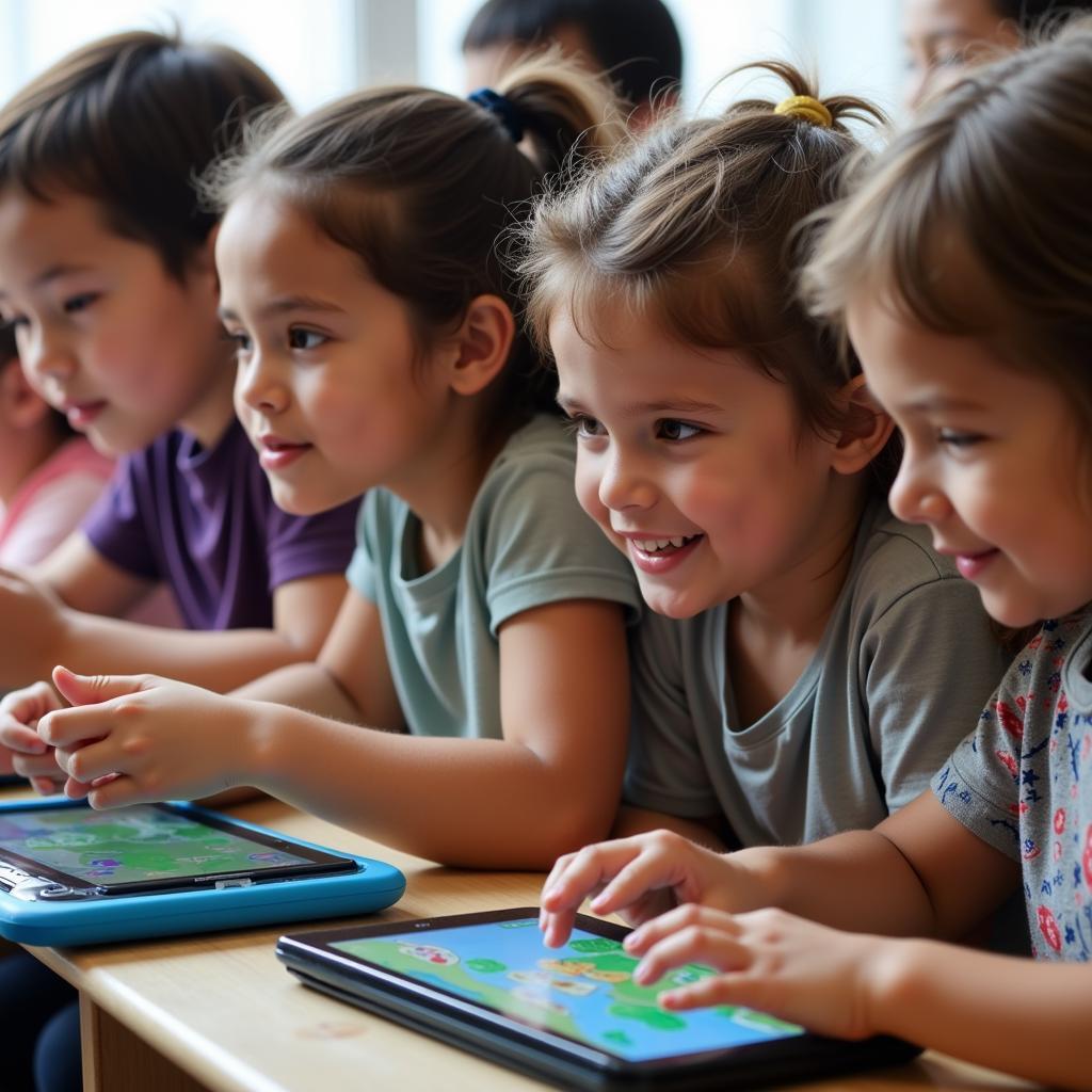 Children engaged in educational video games