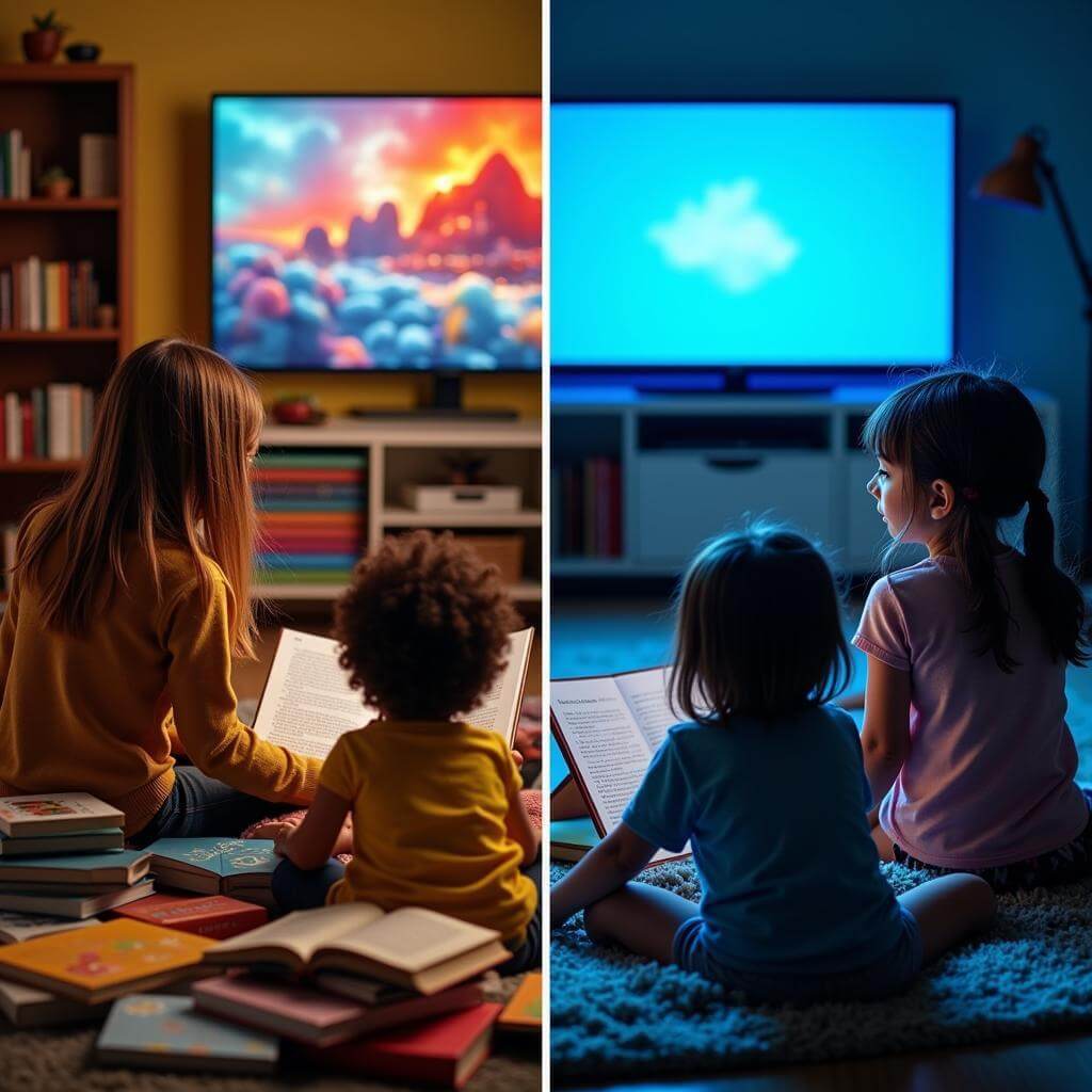 Children reading physical books vs watching TV