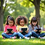 Children using digital devices outdoors