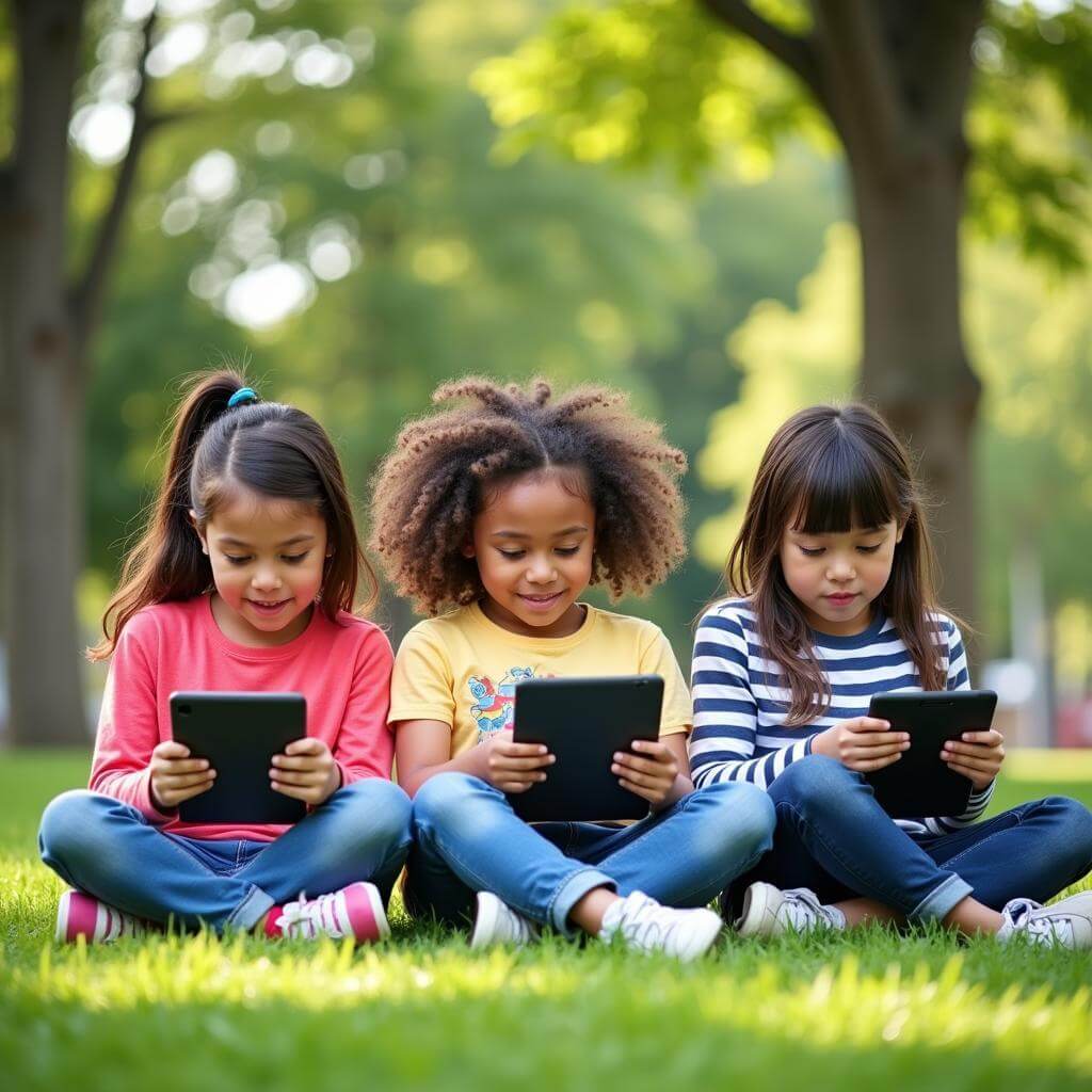 Children using digital devices outdoors