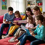 Children using digital devices with parental supervision