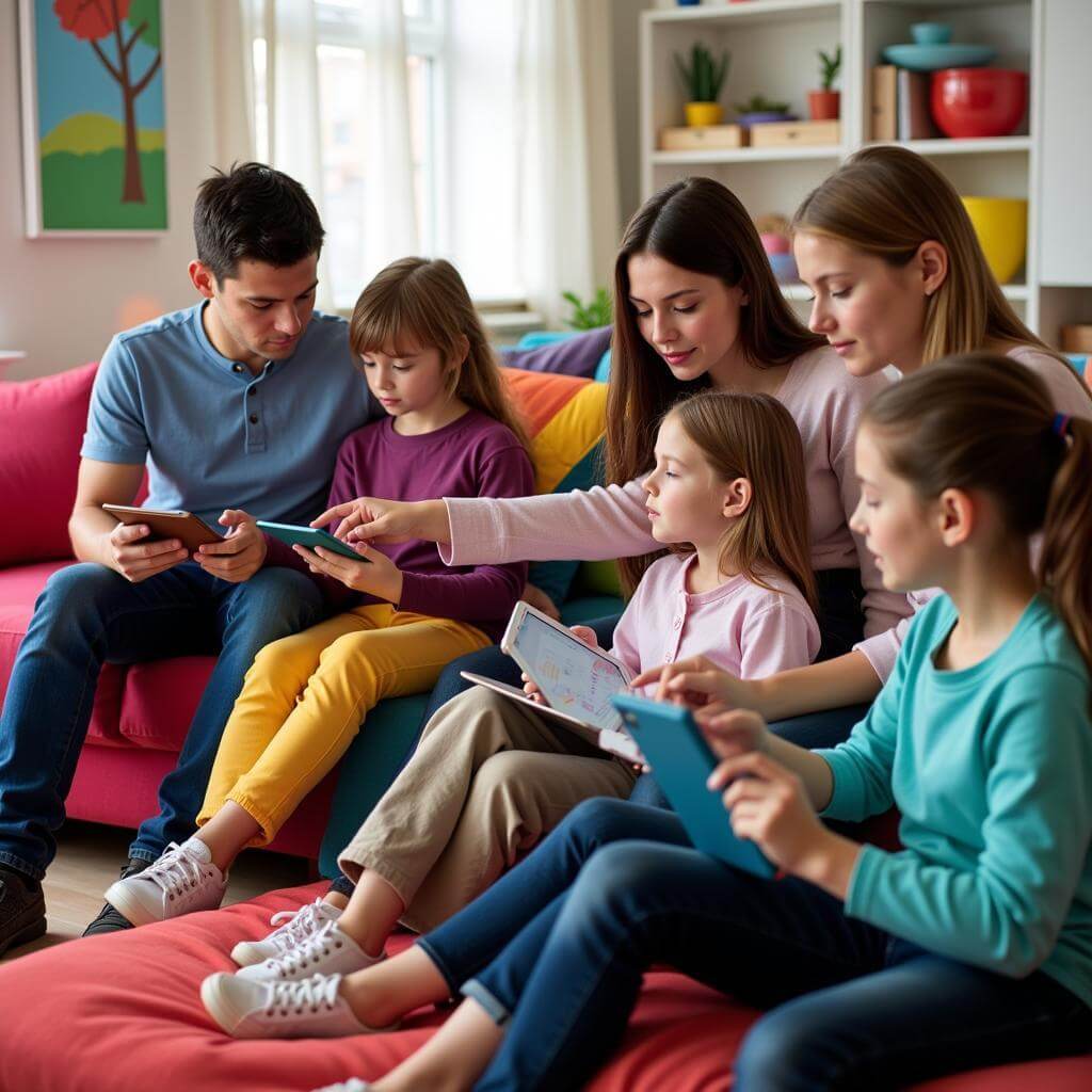 Children using digital devices with parental supervision