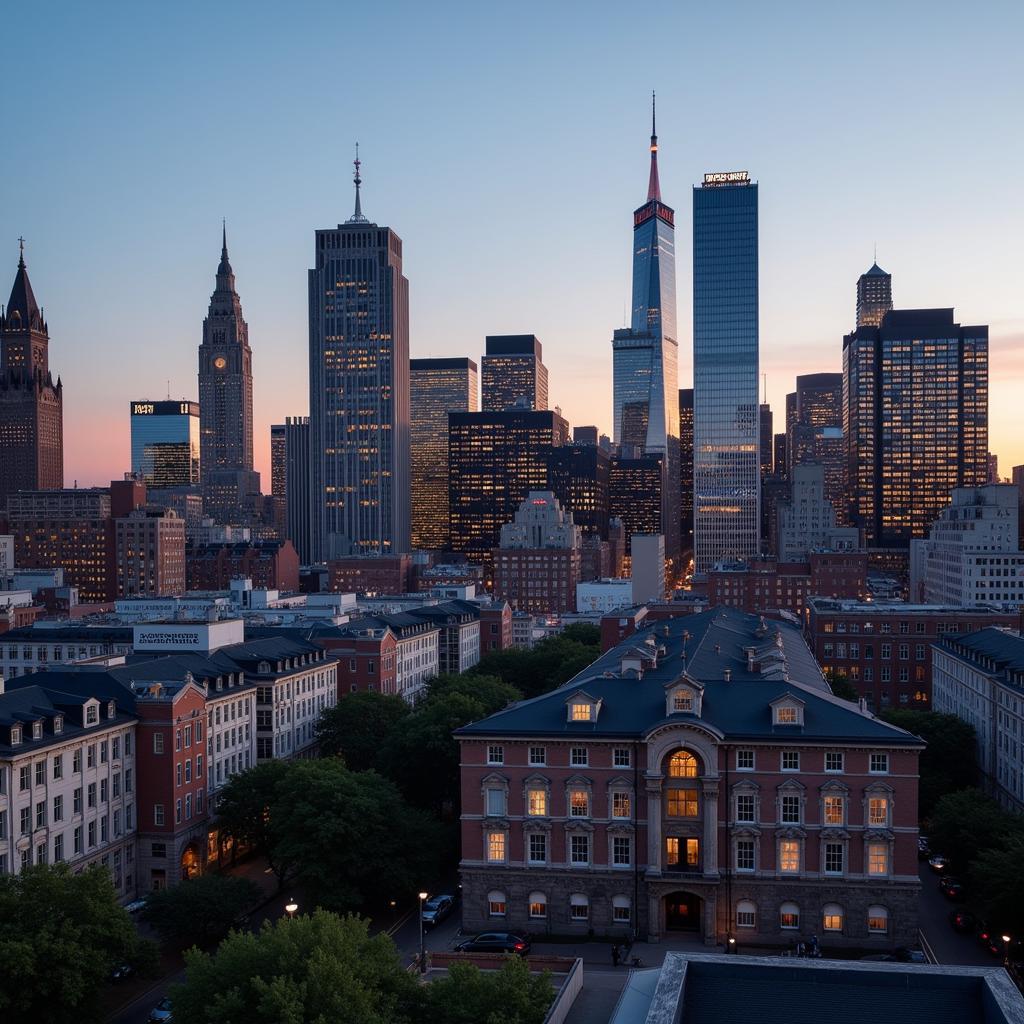 Juxtaposition of modern and historical architecture in a city skyline