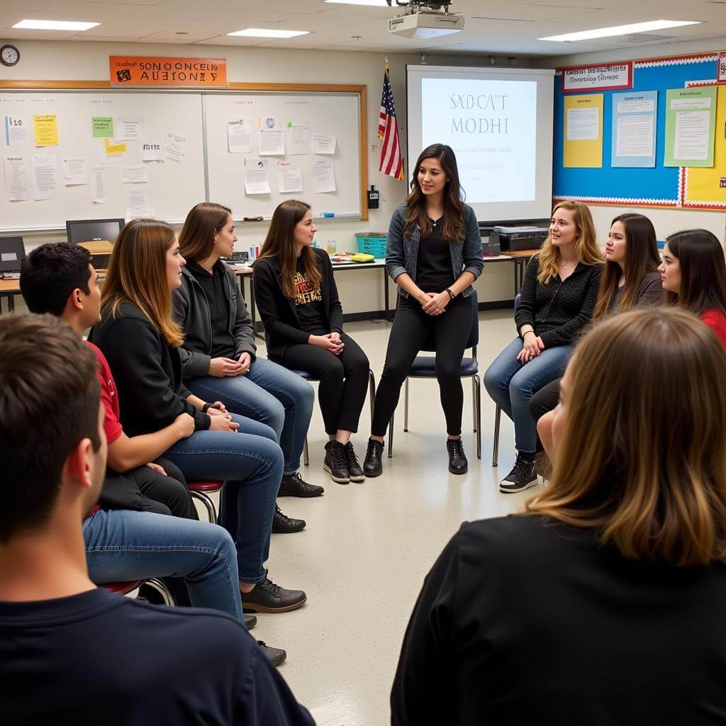 Students discussing consent education in a classroom