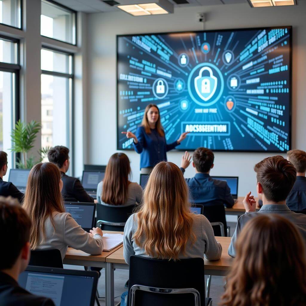 Students learning about cybersecurity in a modern classroom