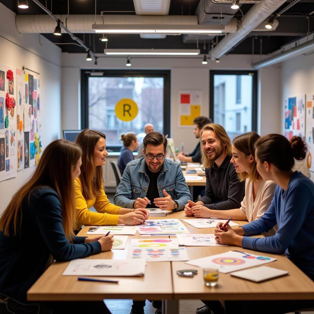 Diverse team collaborating in a creative workspace