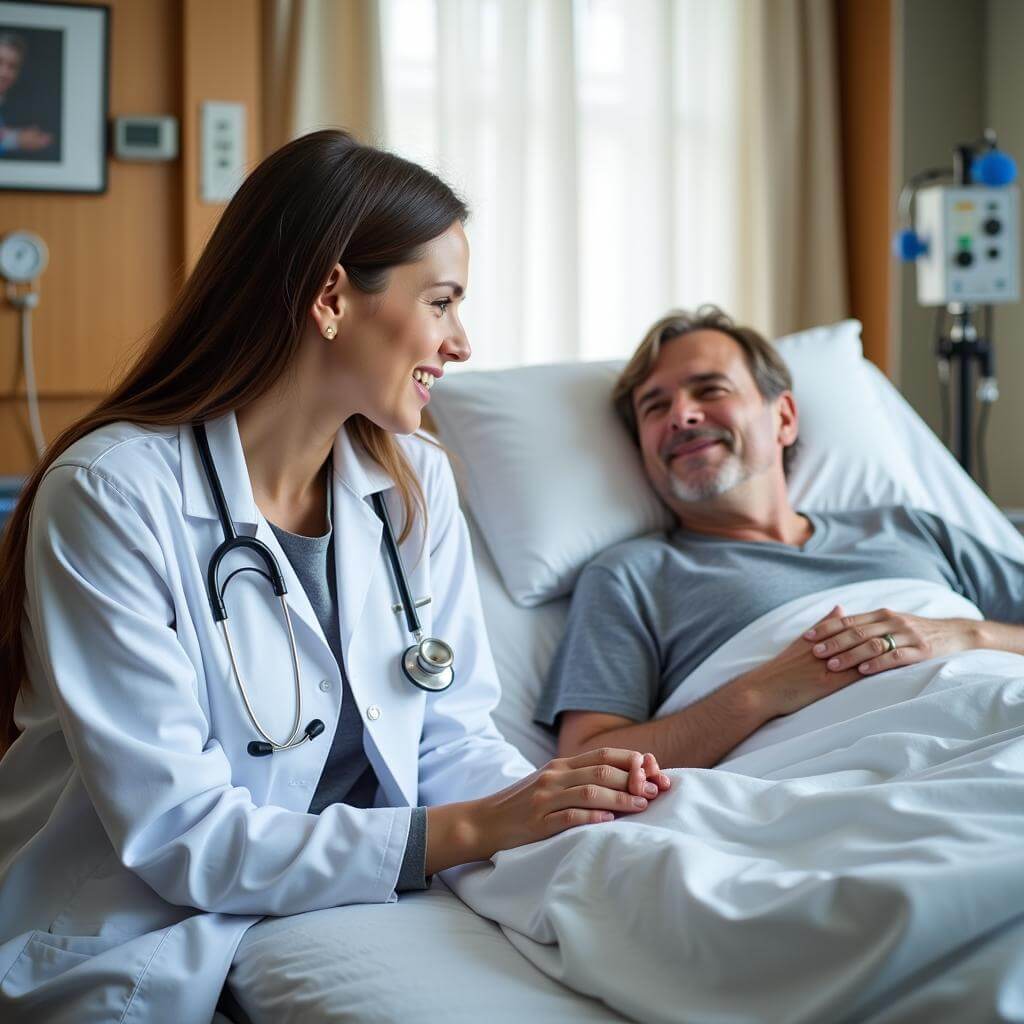 Doctor comforting a patient in a hospital room