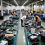 E-waste recycling facility with workers sorting electronic components