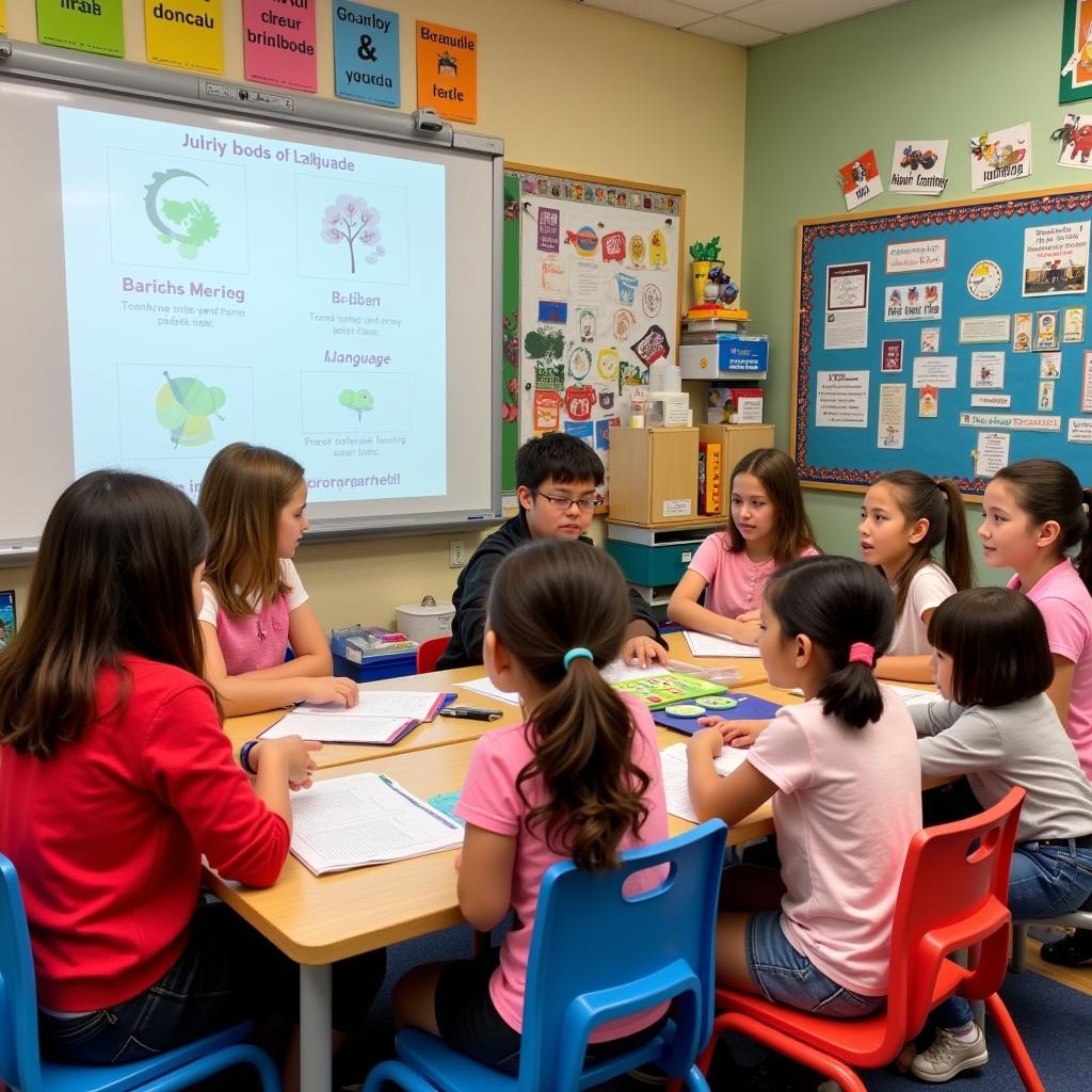 Young children learning a foreign language in a colorful classroom