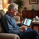 Elderly person using a tablet for telehealth consultation