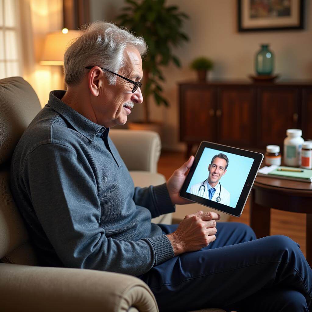 Elderly person using a tablet for telehealth consultation