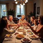 Family celebrating grandmother's birthday dinner