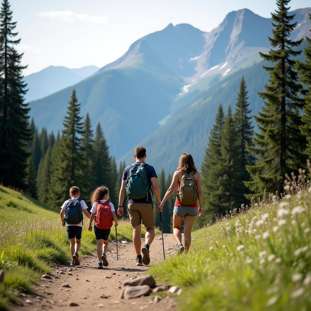 Family hiking together on a mountain trail