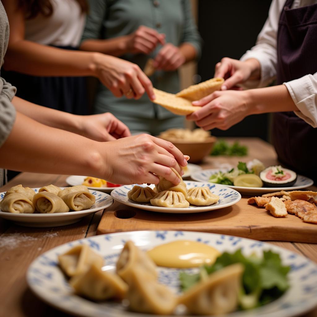 Family members preparing traditional dishes